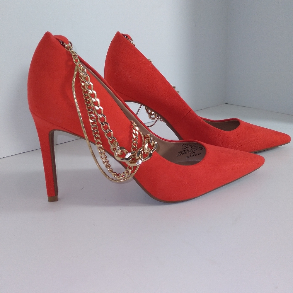 I.N.C. Gold-Tone Ankle Chain Red Pump Heels Women's Size 7.5M